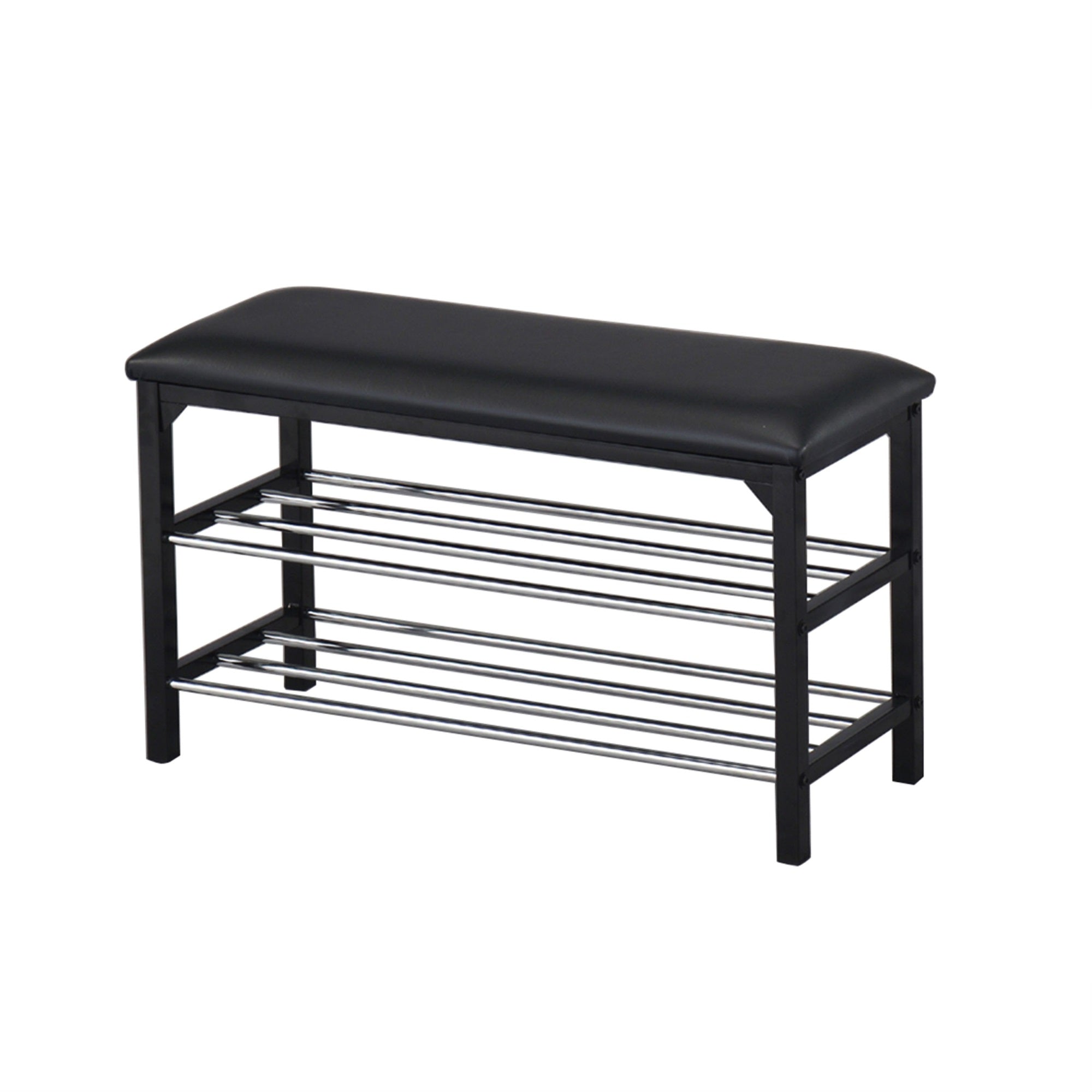 Harney 2 Tier Shoe Organizer Storage Bench, Black Vinyl Seat & Frame, Chrome Metal Racks