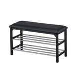 Harney 2 Tier Shoe Organizer Storage Bench, Black Vinyl Seat & Frame, Chrome Metal Racks