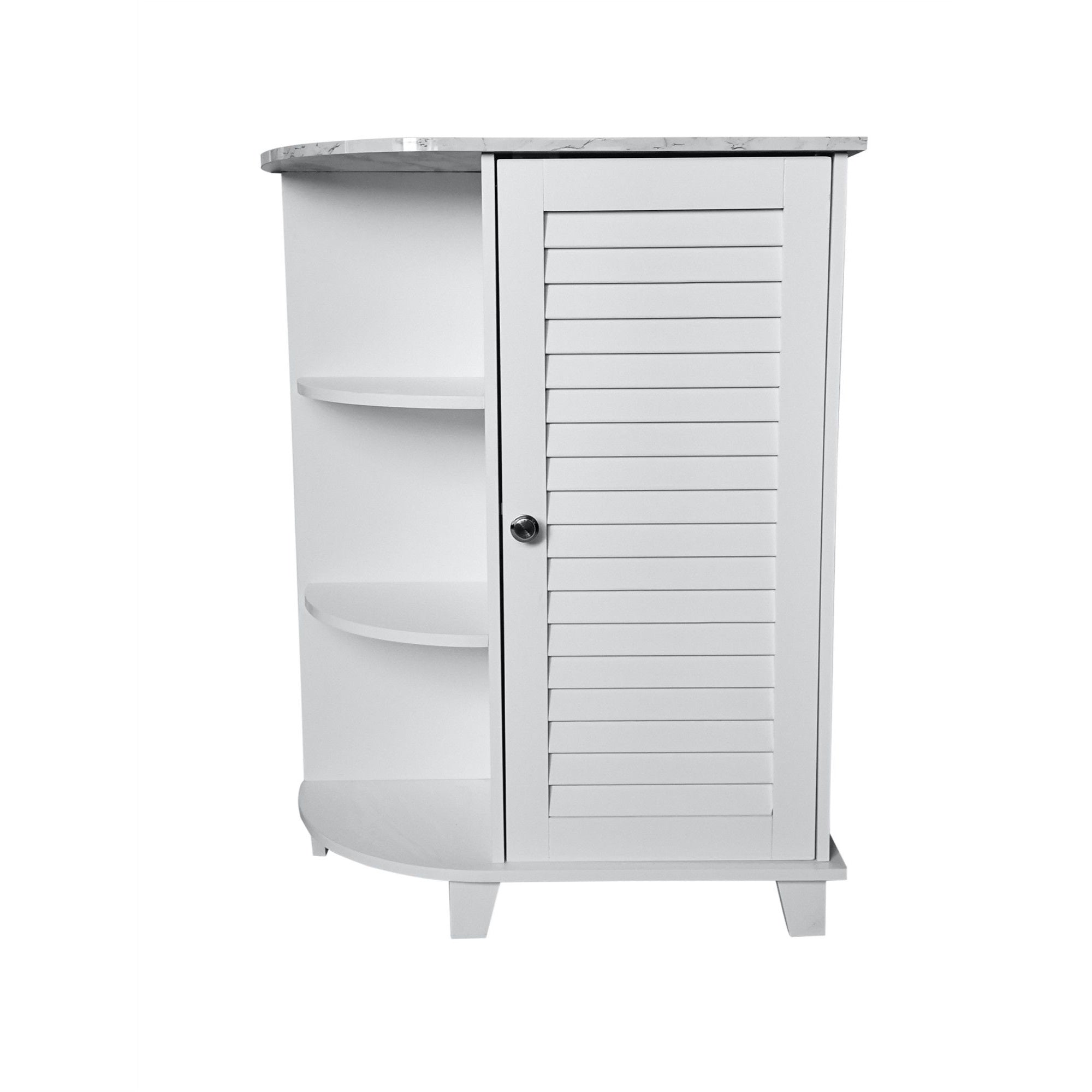 Trevita Bathroom Storage Floor Cabinet Organizer With Adjustable Shelf & 3 Open Shelves, White & Marble Wood, Contemporary