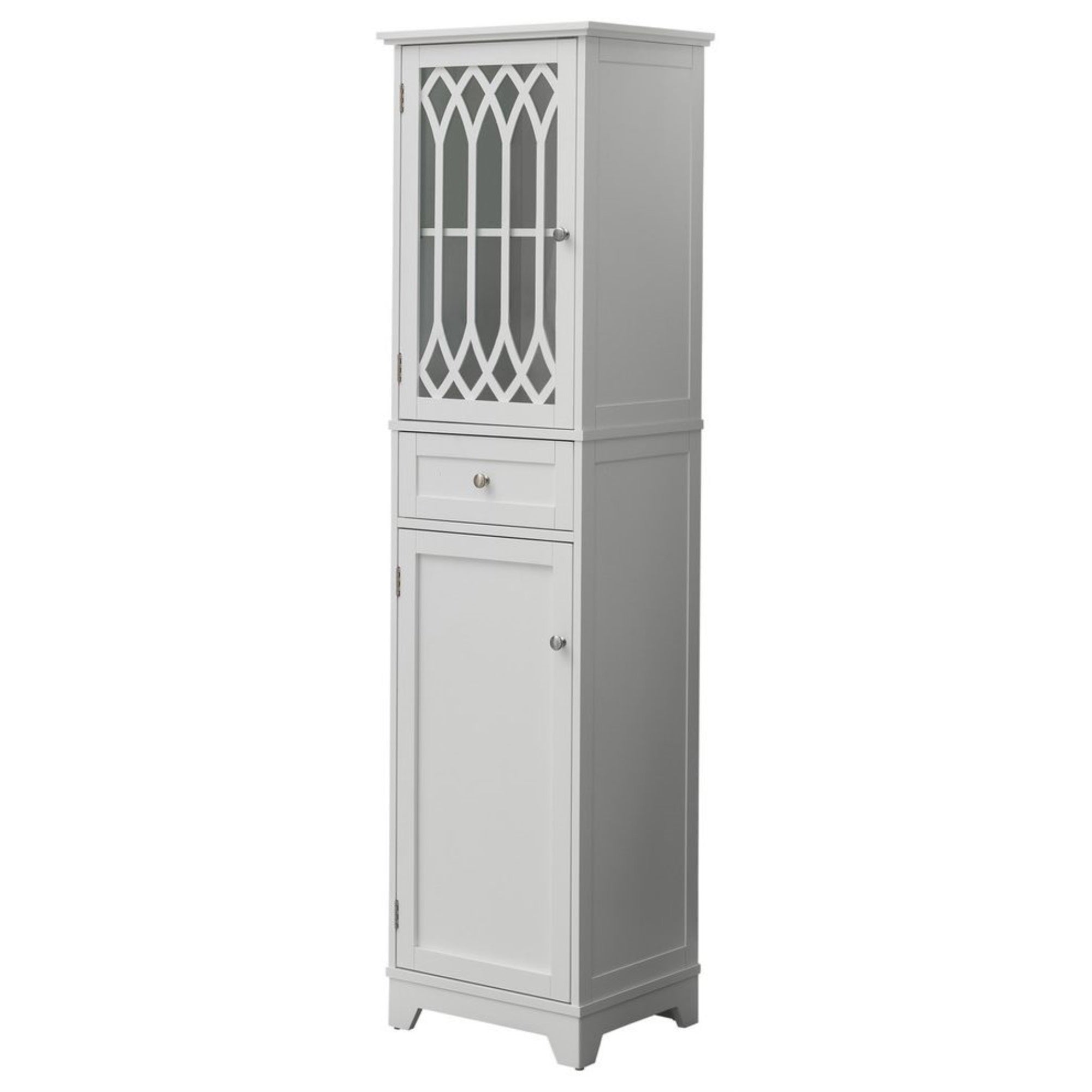 Helsinki Freestanding Bathroom Storage Tower Organizer With Cabinets, Adjustable Shelves & Drawer, White Wood, Contemporary