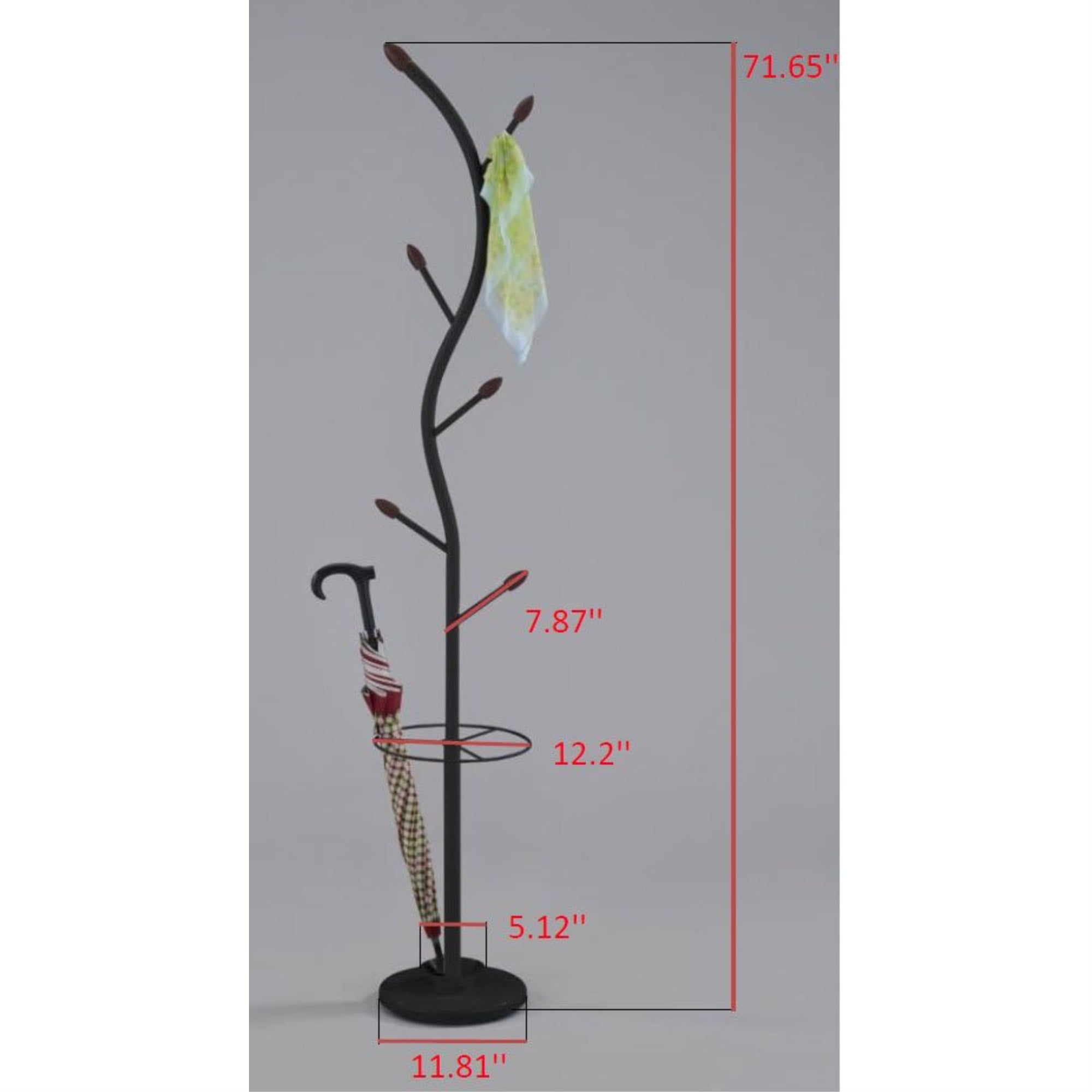 Minerva Freestanding Entryway Coat & Hat Rack With Umbrella Holder, Black Metal With Wooden Tips