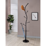 Minerva Freestanding Entryway Coat & Hat Rack With Umbrella Holder, Black Metal With Wooden Tips