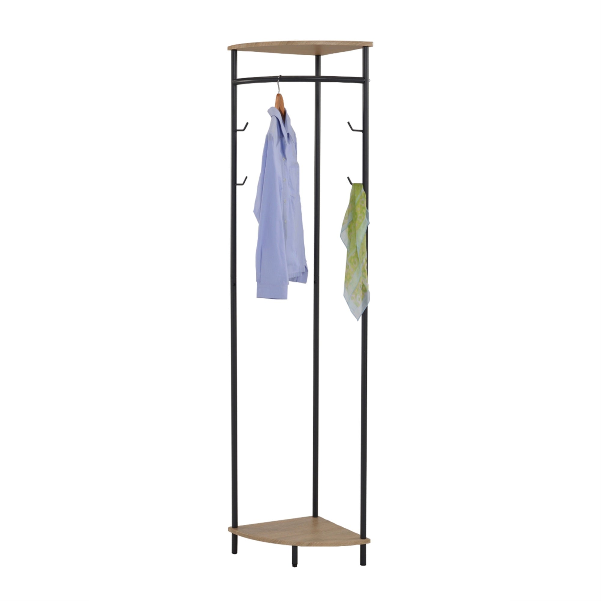 Tolbert Entryway Corner Hall Tree Coat & Hat Rack With Storage Shelves, Black Metal & Oak Wood