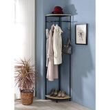Tolbert Entryway Corner Hall Tree Coat & Hat Rack With Storage Shelves, Black Metal & Oak Wood