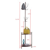 Yolanda 12 Hook Corner Coat & Hat Rack Stand With Storage Shelves, Bronze Metal & Wood, Transitional