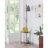 Yolanda 12 Hook Corner Coat & Hat Rack Stand With Storage Shelves, Bronze Metal & Wood, Transitional