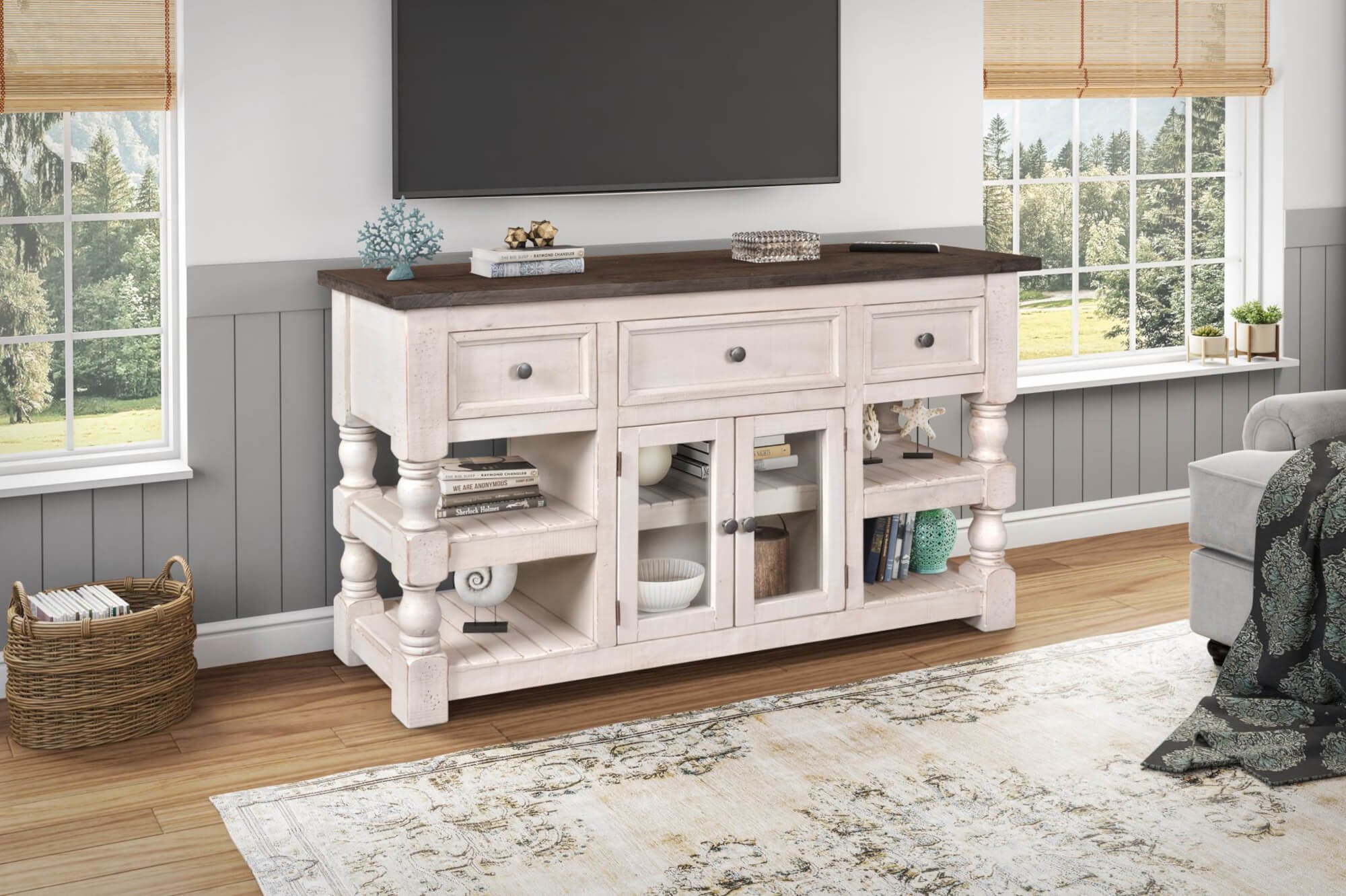 Sunset Trading Stowe Barn Door Console - Media Cabinet - Tv Stand - Rustic Gray Solid Wood