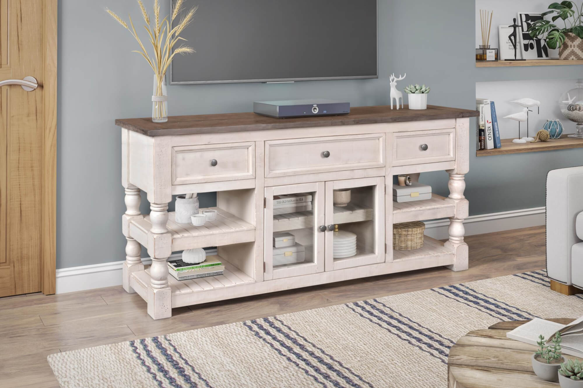 Sunset Trading Stowe Barn Door Console - Media Cabinet - Tv Stand - Rustic White And Brown Solid Wood