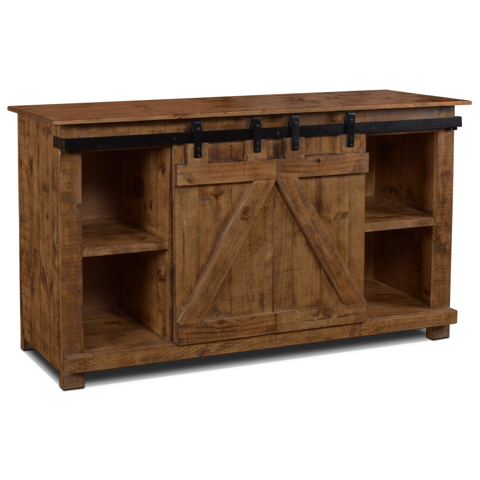 Sunset Trading Stowe Barn Door Console | Media Cabinet | Tv Stand | Rustic Brown Solid Wood
