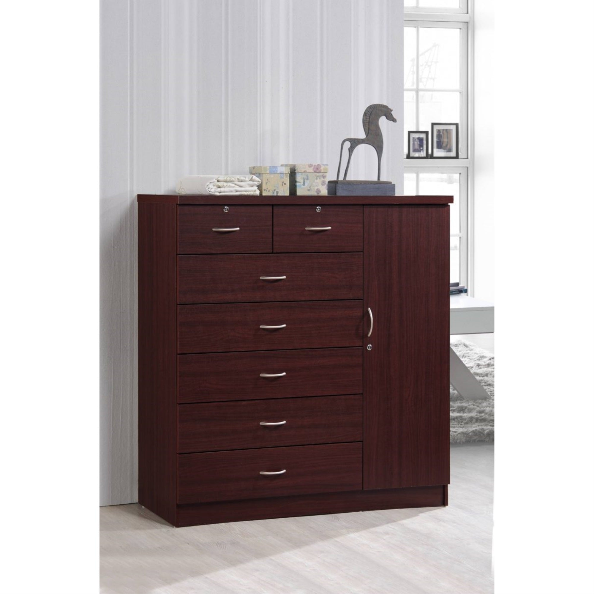 Hodedah 7-Drawer Chest With Locks On 2-Top Drawers Plus 1-Door With 3-Shelves In Mahogany