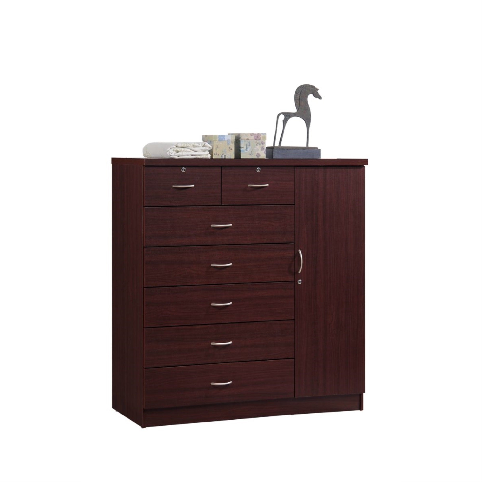 Hodedah 7-Drawer Chest With Locks On 2-Top Drawers Plus 1-Door With 3-Shelves In Mahogany