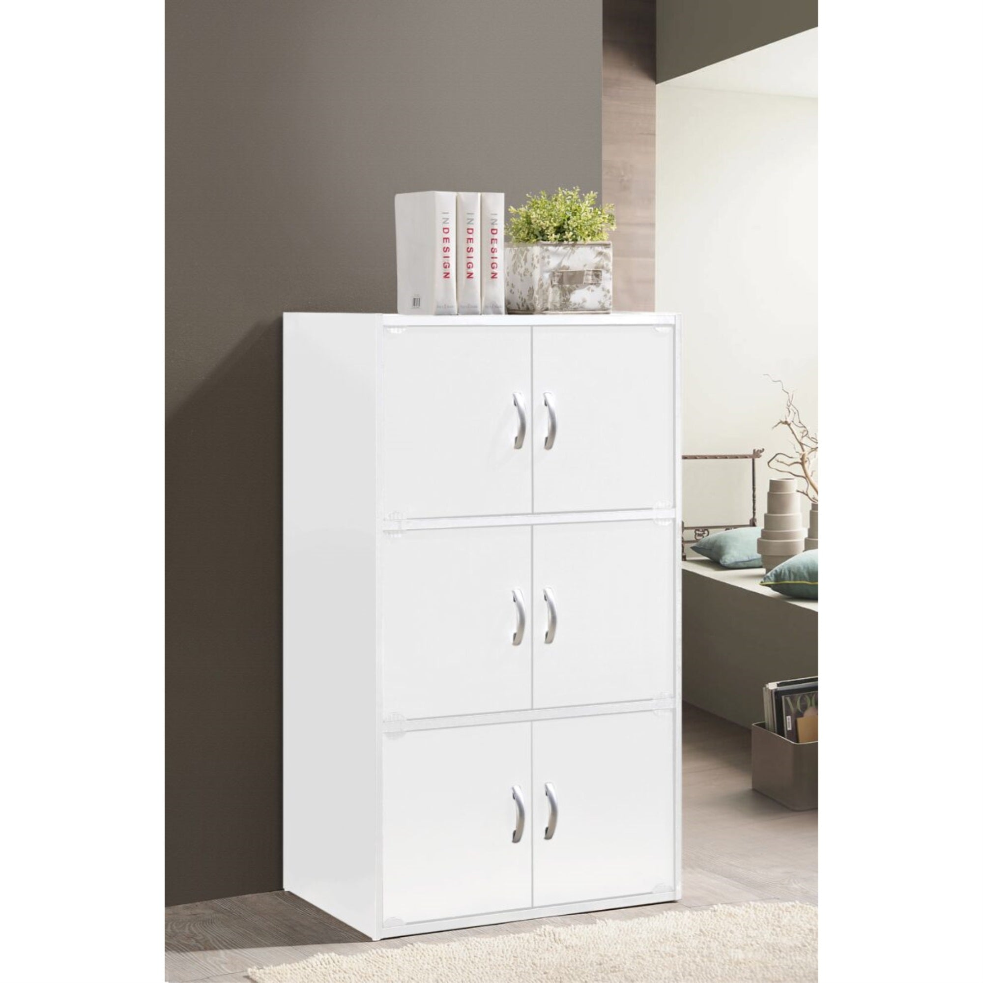 Hodedah 3-Shelf, 6-Door Bookcase In White