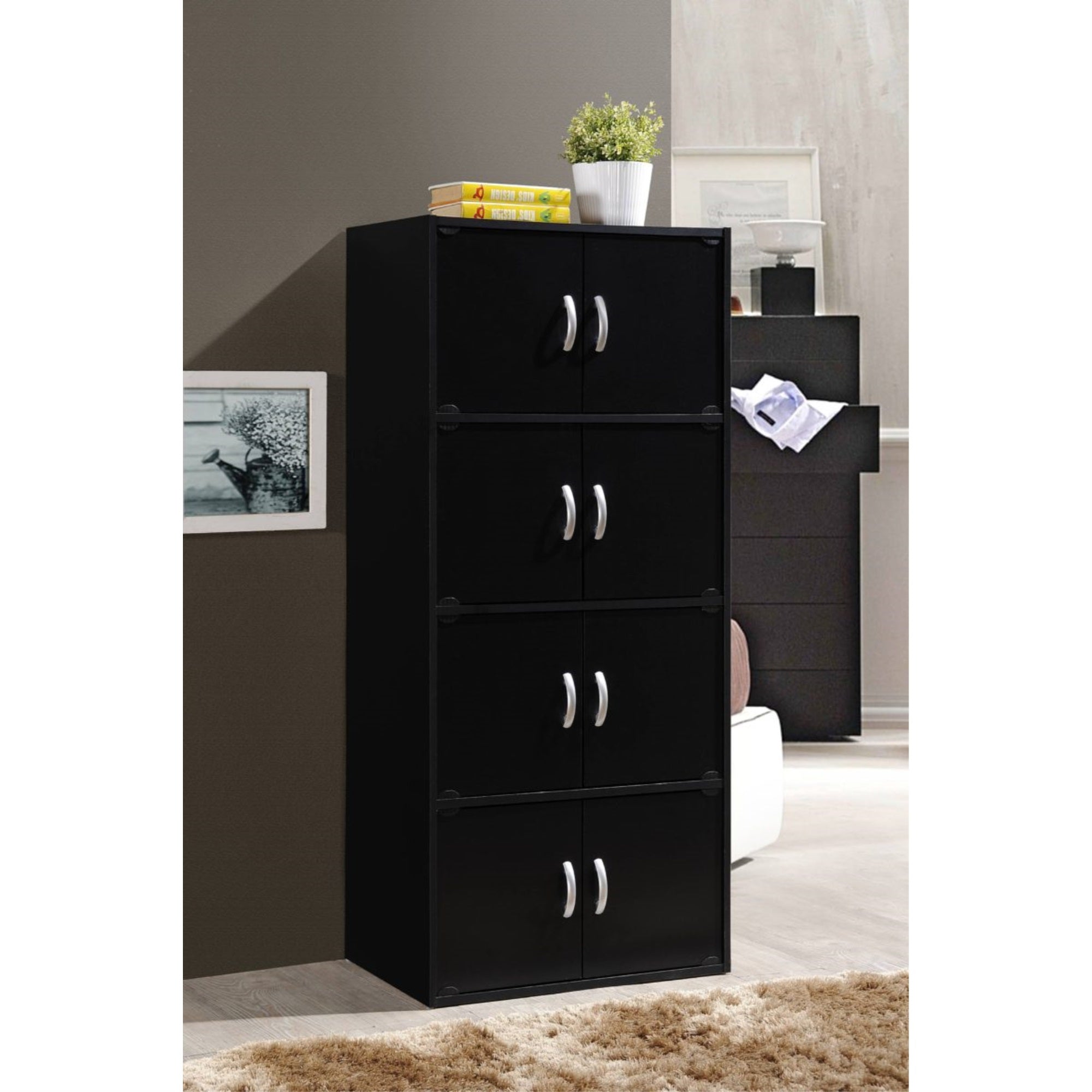 Hodedah 4-Shelf, 8-Door Bookcase Cabinet In Black