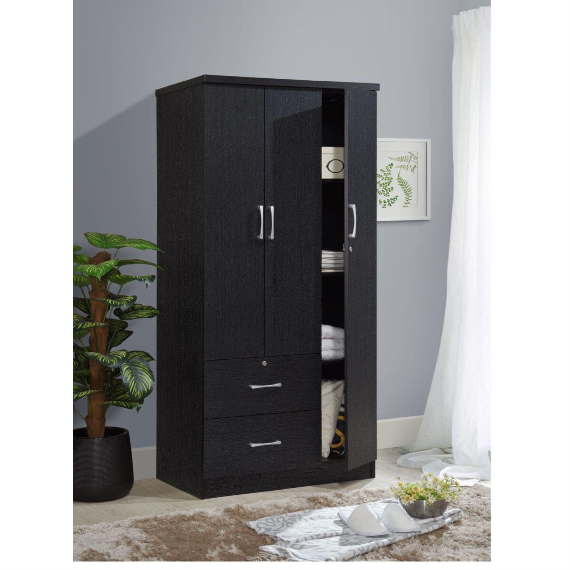 Hodedah 3-Door Armoire With 2-Drawers, 3-Shelves In Black