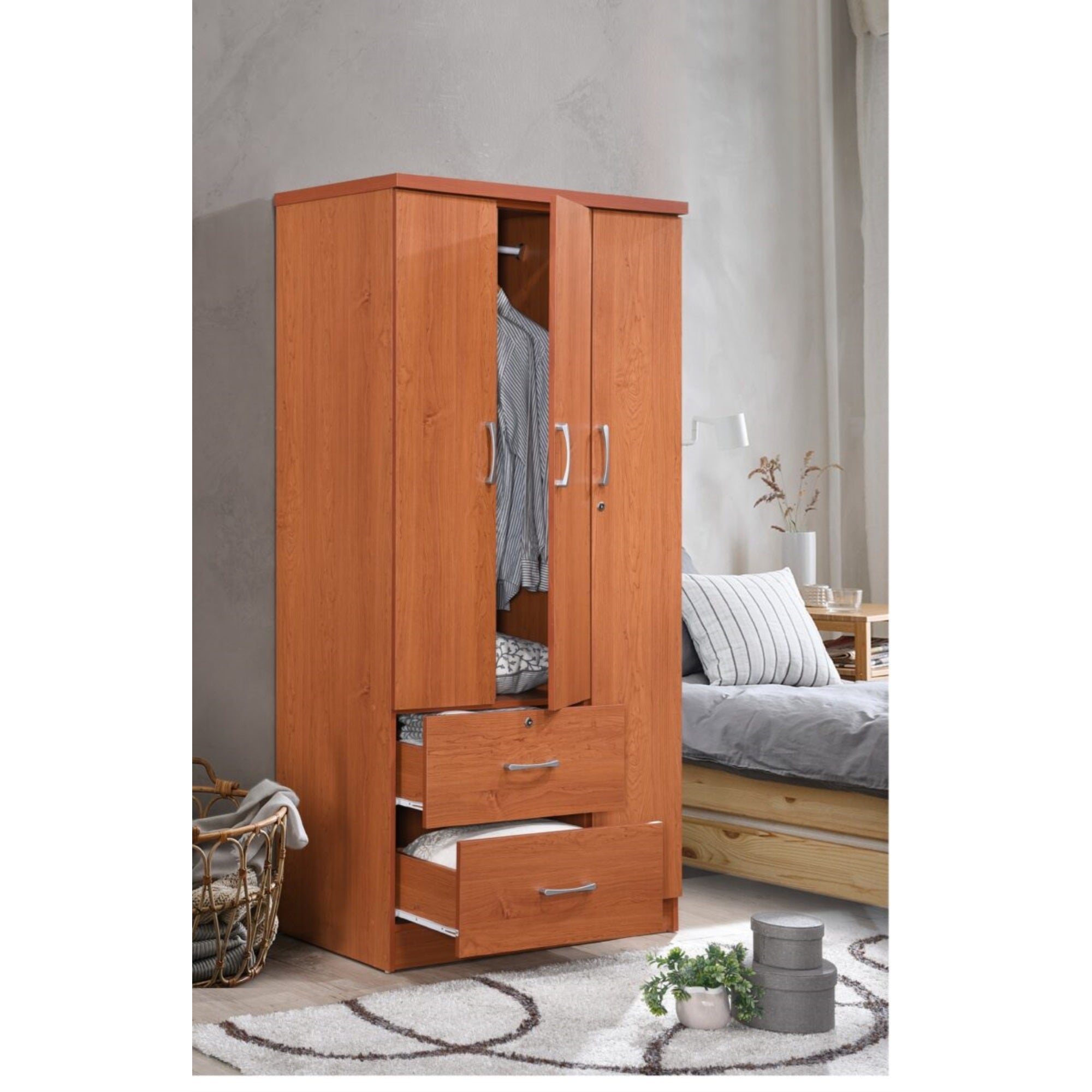Hodedah 3-Door Armoire With 2-Drawers, 3-Shelves In Cherry