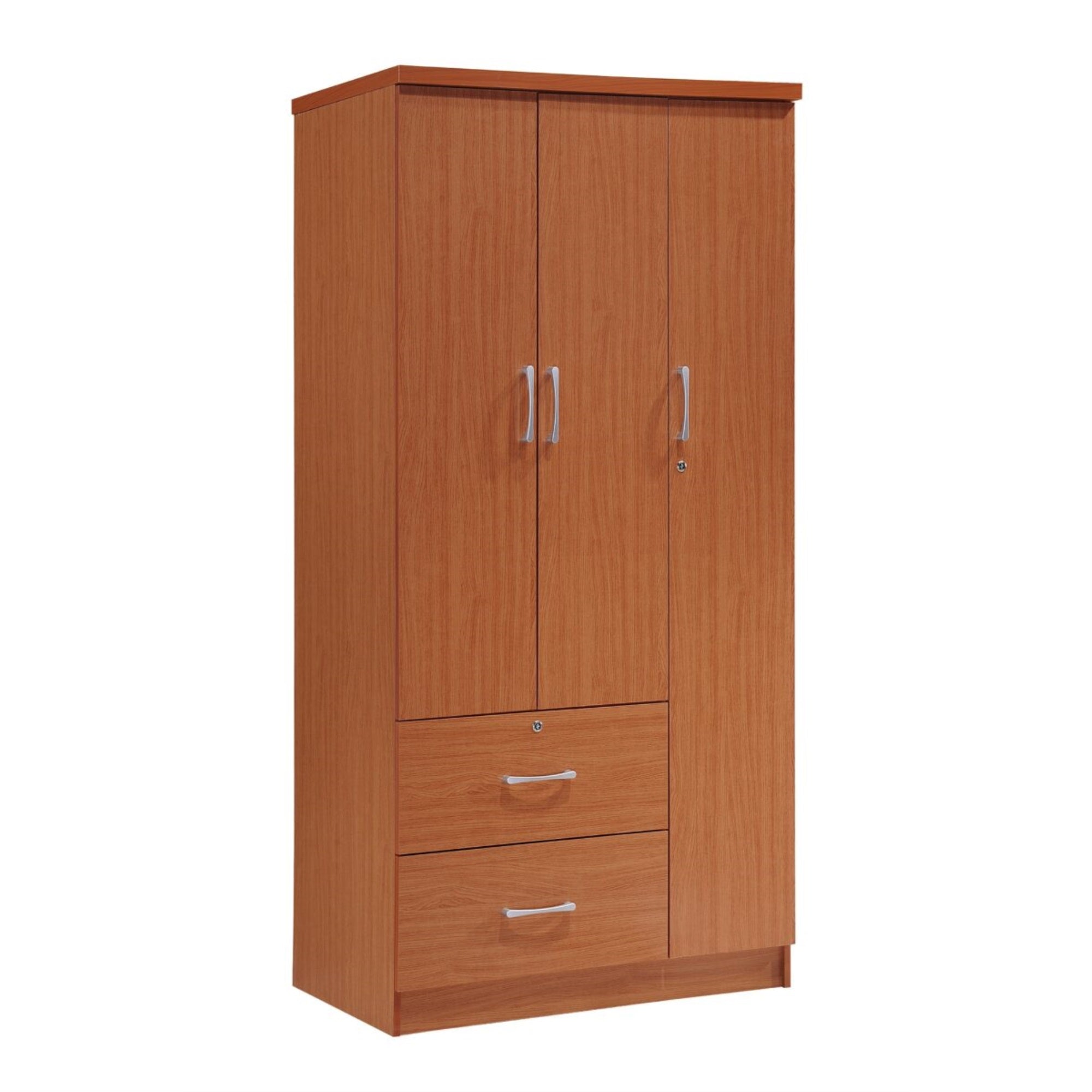 Hodedah 3-Door Armoire With 2-Drawers, 3-Shelves In Cherry