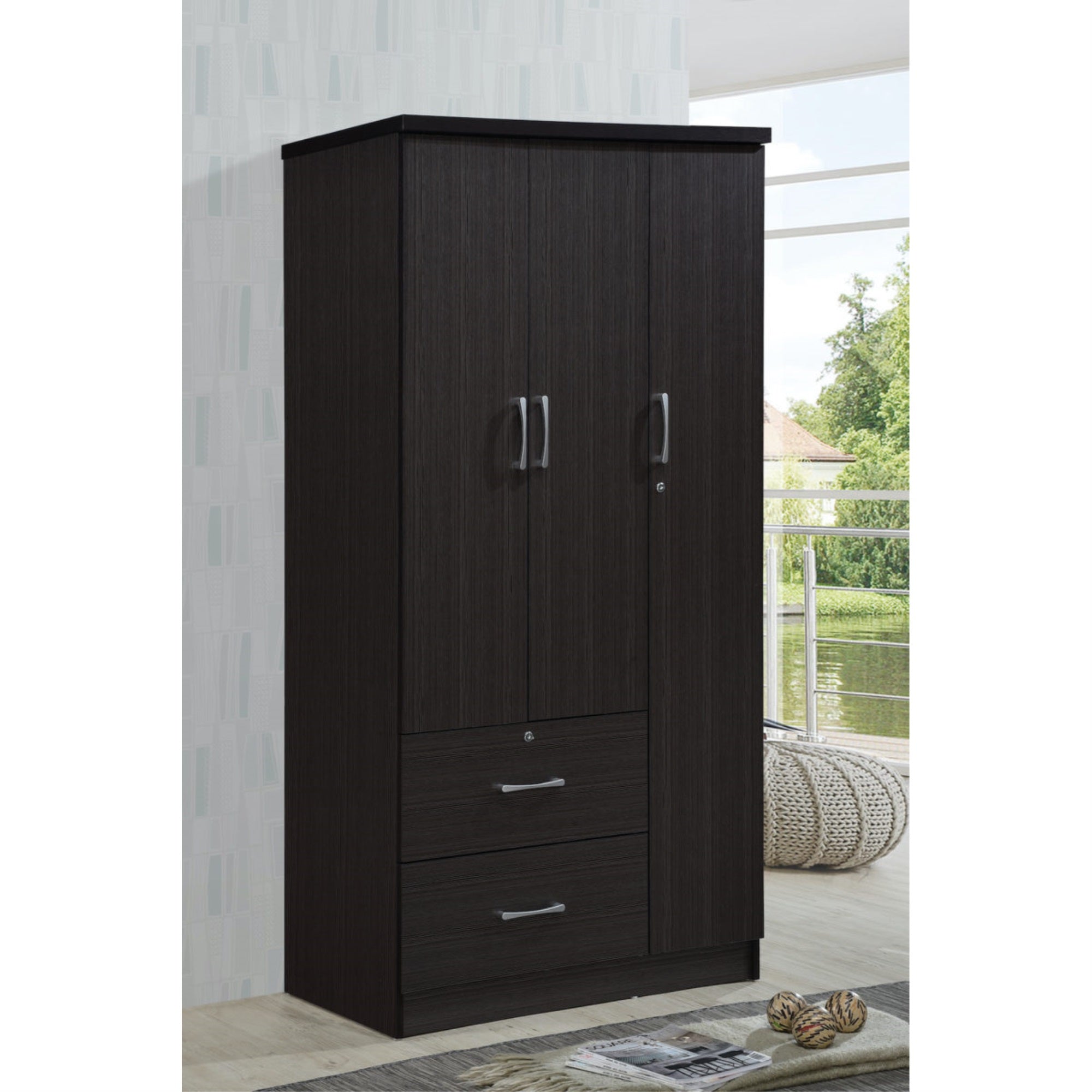 Hodedah 3-Door Armoire With 2-Drawers, 3-Shelves In Chocolate