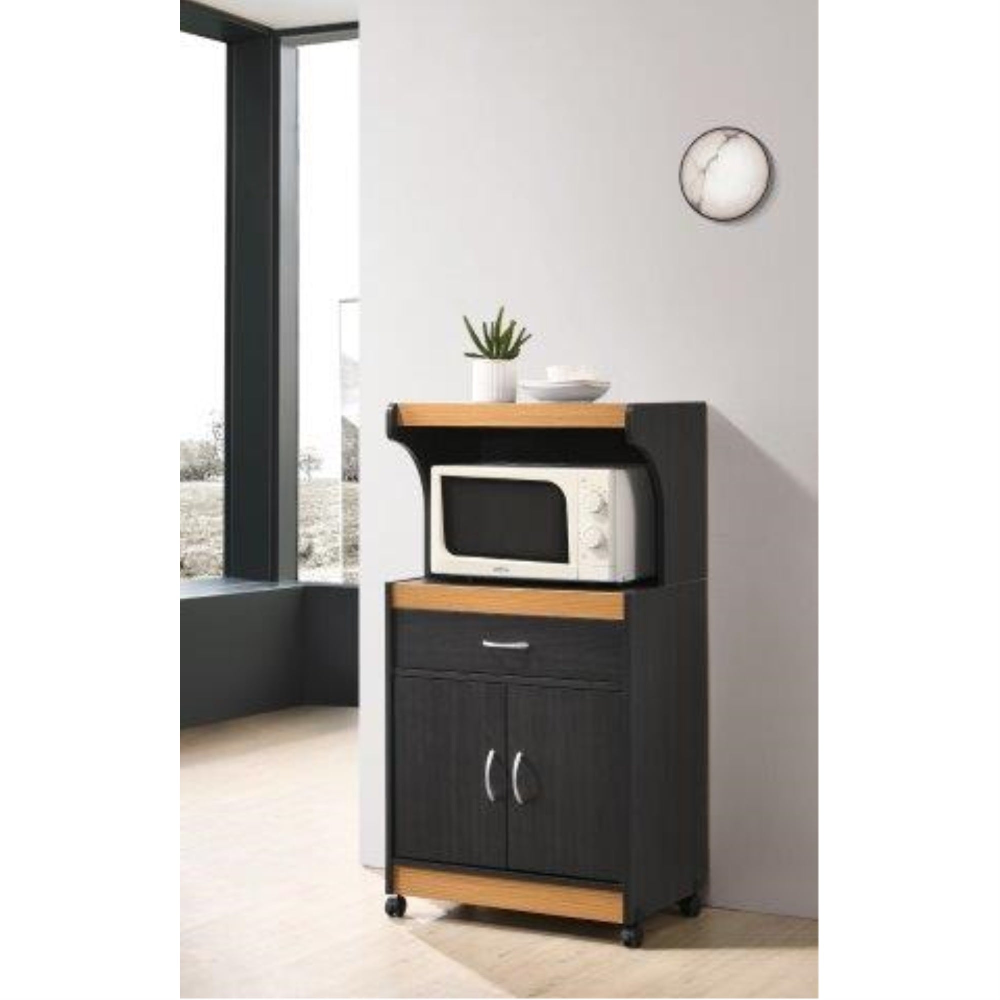 Hodedah Microwave Kitchen Cart In Black-Beech
