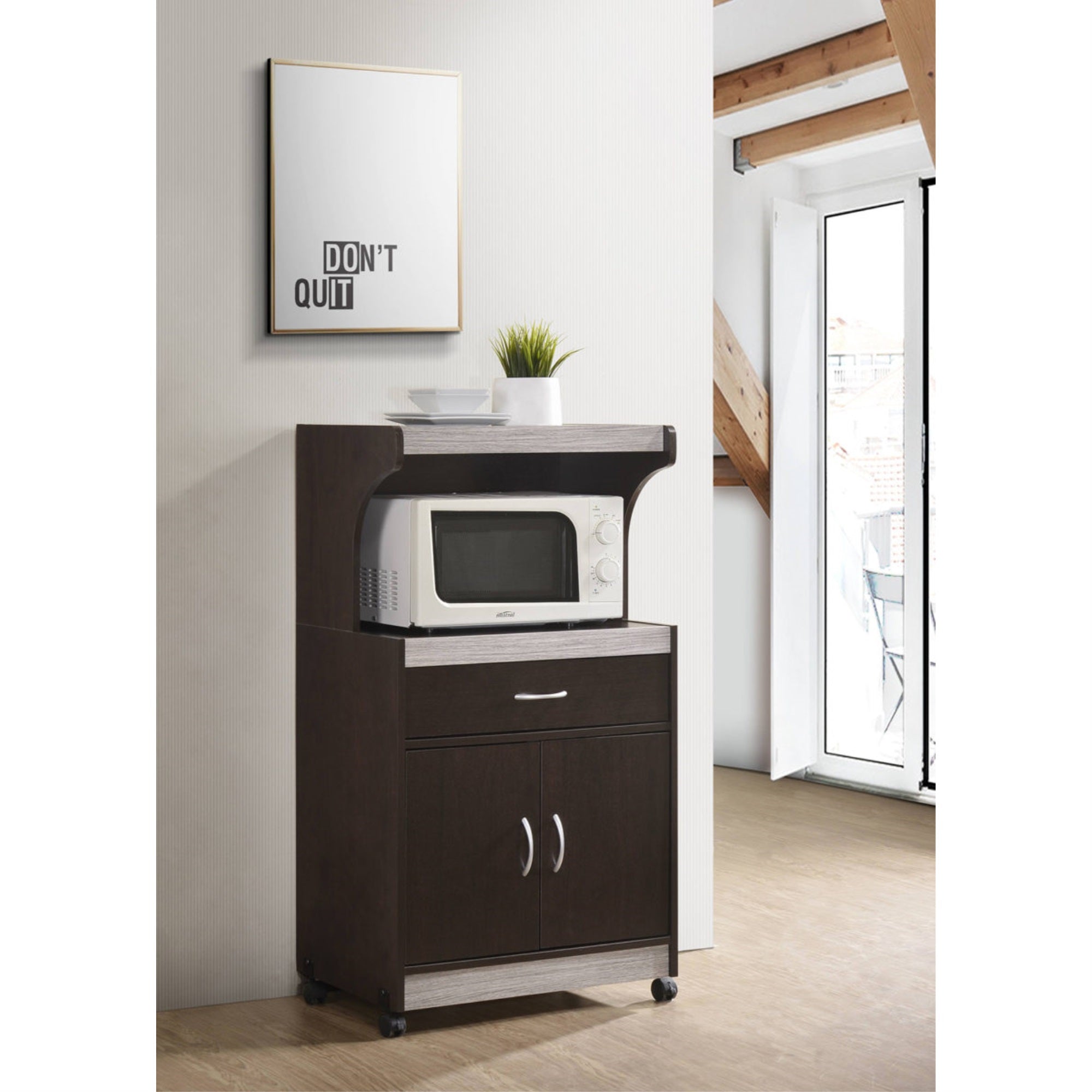 Hodedah Microwave Kitchen Cart In Chocolate-Grey