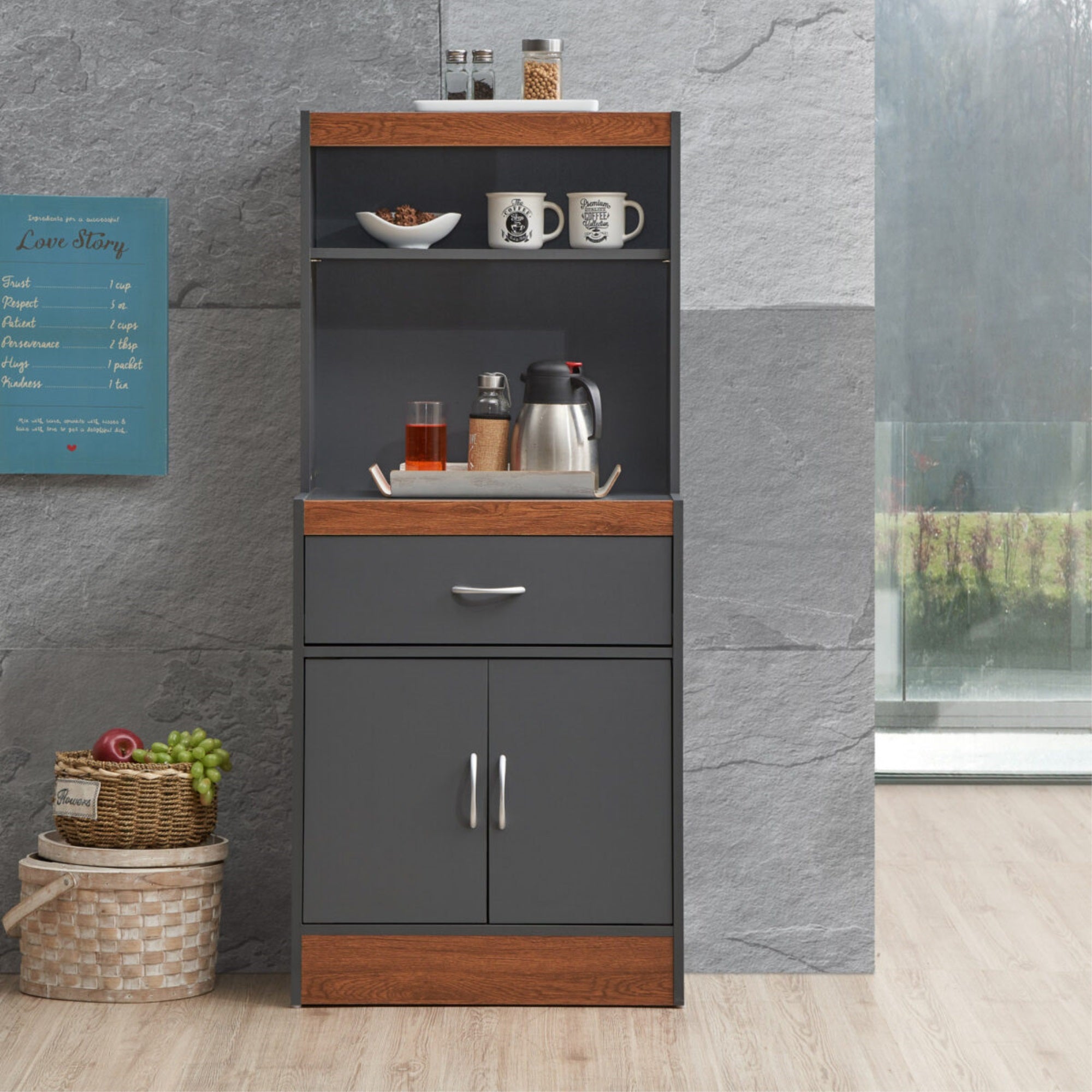 Hodedah 54 Tall Open Shelves, 1-Drawer And Bottom Enclosed Storage Kitchen Cabinet In Grey-Oak