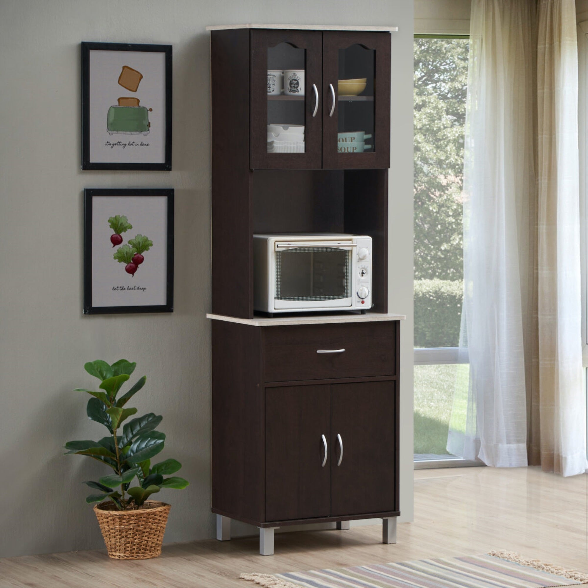 Hodedah Kitchen Cabinet With Top And Bottom Enclosed Cabinet Space, 1-Drawer, Plus Large Open Space For Microwave In Chocolate-G