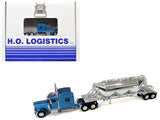 Peterbilt 389 Truck Tractor with Sleeper Cab Blue Metallic and Pneumatic Tank Trailer Chrome Combo Set 1/87 (HO) Plastic Model C