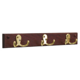 Wooden Mallet 3 Double Prong Hook Rail/Coat Rack, Brass Hooks, Mahogany