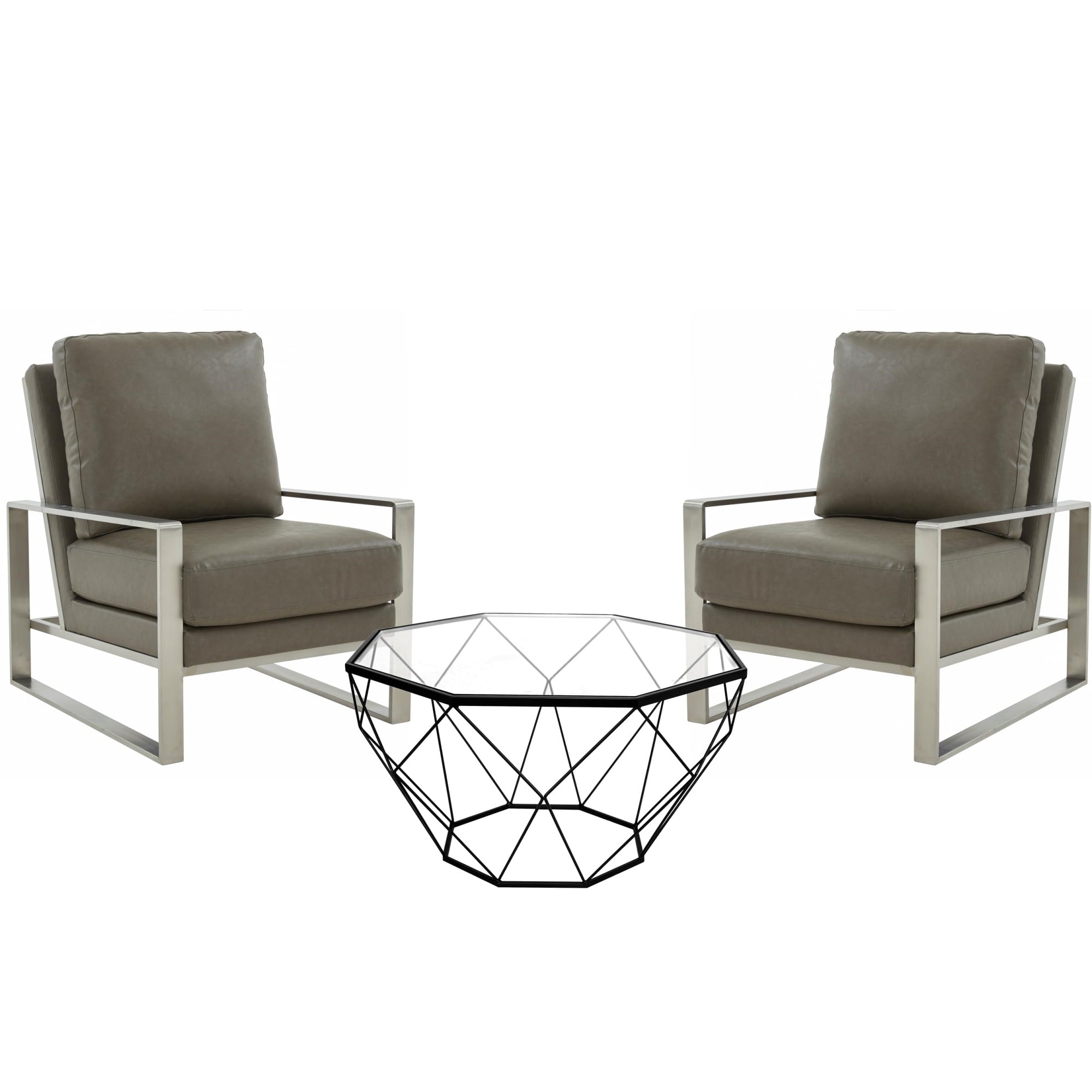 Leisuremod Jefferson Leather Armchair With Silver Frame And Large Octagon Coffee Table With Geometric Base