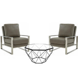 Leisuremod Jefferson Leather Armchair With Silver Frame And Large Octagon Coffee Table With Geometric Base