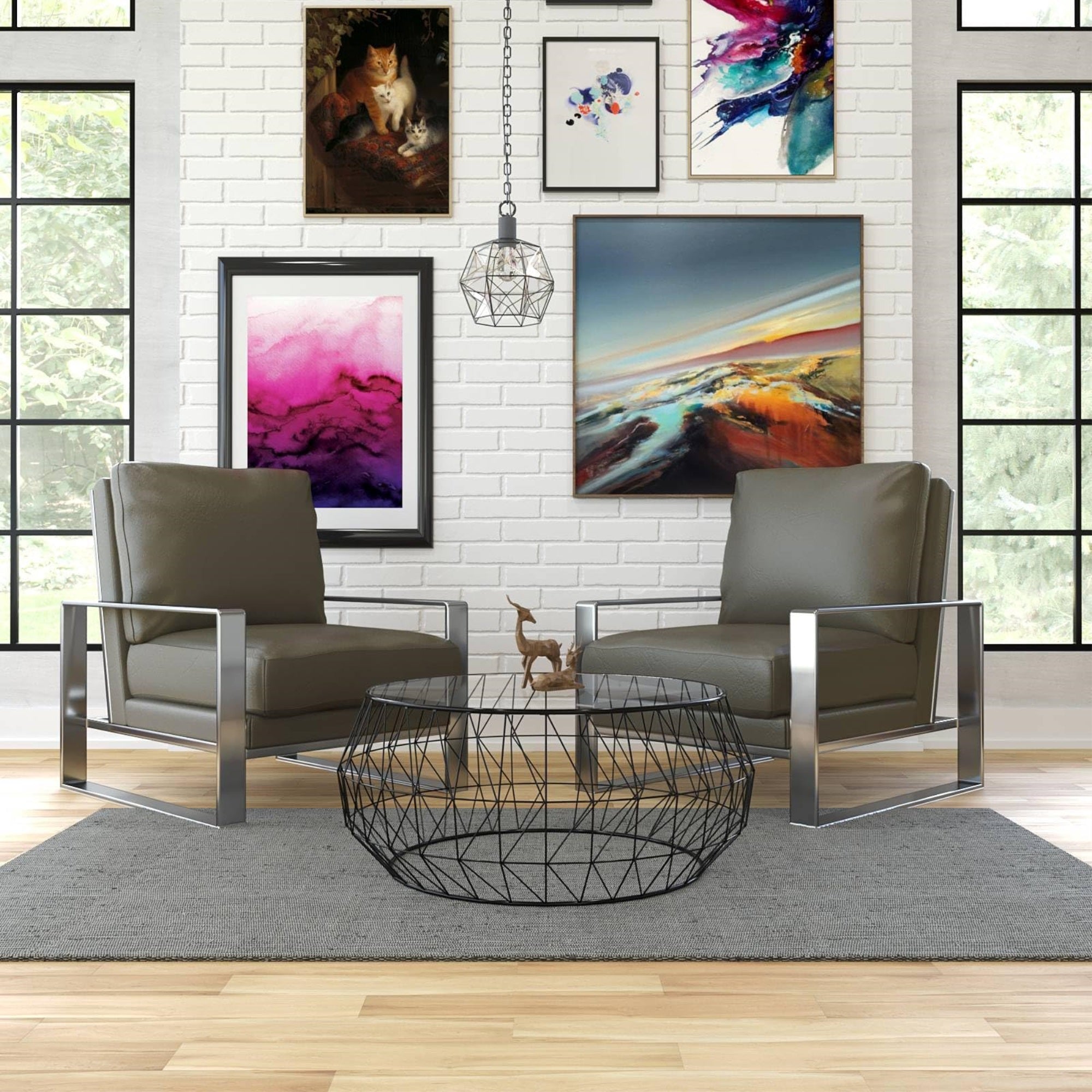 Leisuremod Jefferson Modern Leather Armchair With Silver Frame And Round Coffee Table With Glass Top And Metal Base