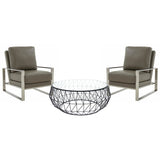 Leisuremod Jefferson Modern Leather Armchair With Silver Frame And Round Coffee Table With Glass Top And Metal Base