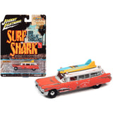 1959 Cadillac Ambulance Red With White Top Malibu Beach Rescue (Weathered) With Surfboards On Roof Surf Shark Street F