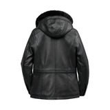 Everly Women's Black 3/4 Leather Coat with Detachable Hood