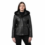 Everly Women's Black 3/4 Leather Coat with Detachable Hood