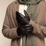 Julian (dark brown) - Classic sheepskin leather gloves with warm fleece lining and touchscreen feature