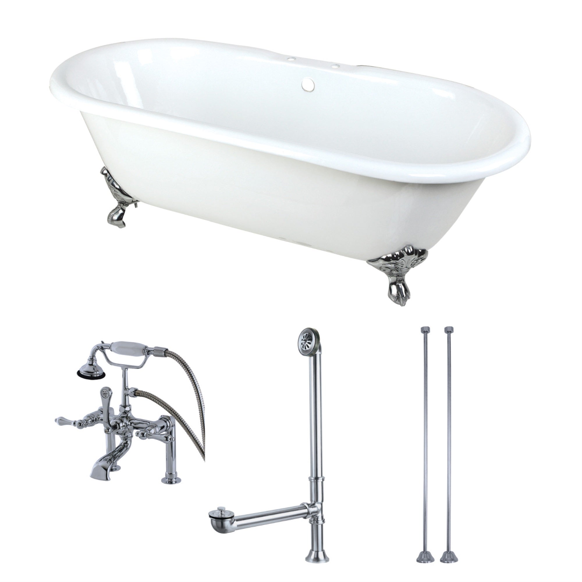 Aqua Eden Kct7D663013C1 66-Inch Cast Iron Double Ended Clawfoot Tub Combo With Faucet And Supply Lines, White/Polished Chrome