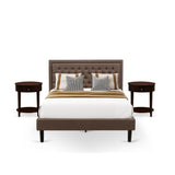 Kd18Q-2Hi0M 3 Pc Bed Set - 1 Bed Frame Brown Linen Fabric Padded And Button Tufted Headboard - 2 Wooden Nightstand With Wood Dra