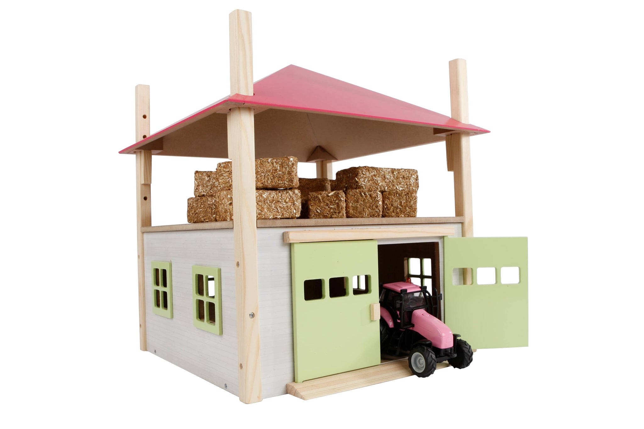 Kids Globe 1:32 Scale Hay Barn With Loft And Height Adjustable - Pink, Green And White