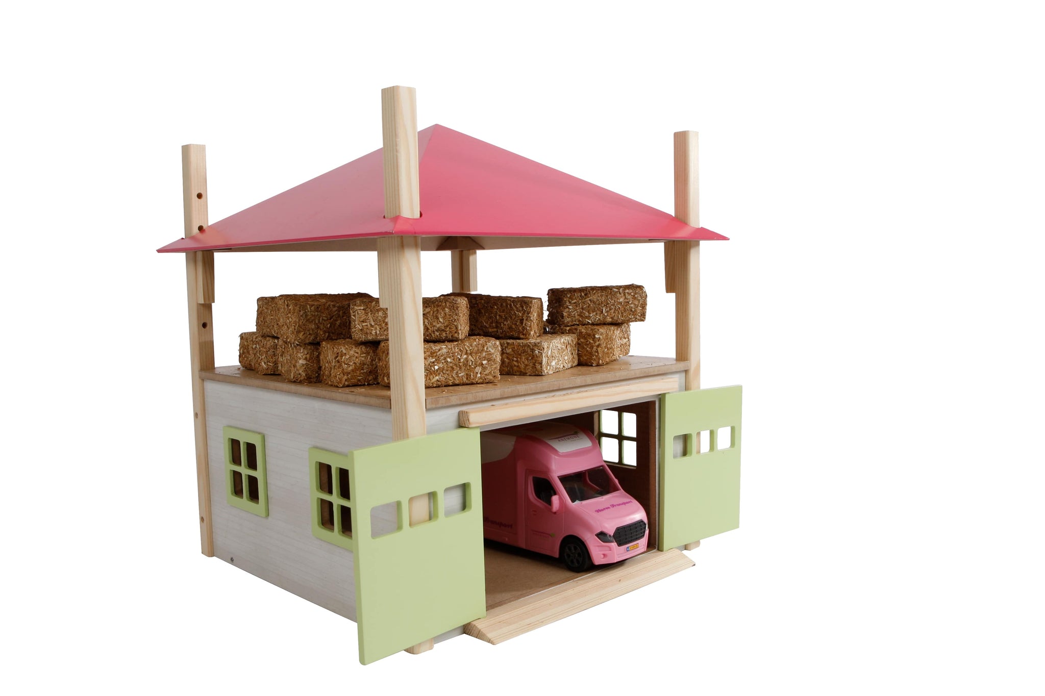 Kids Globe 1:32 Scale Hay Barn With Loft And Height Adjustable - Pink, Green And White