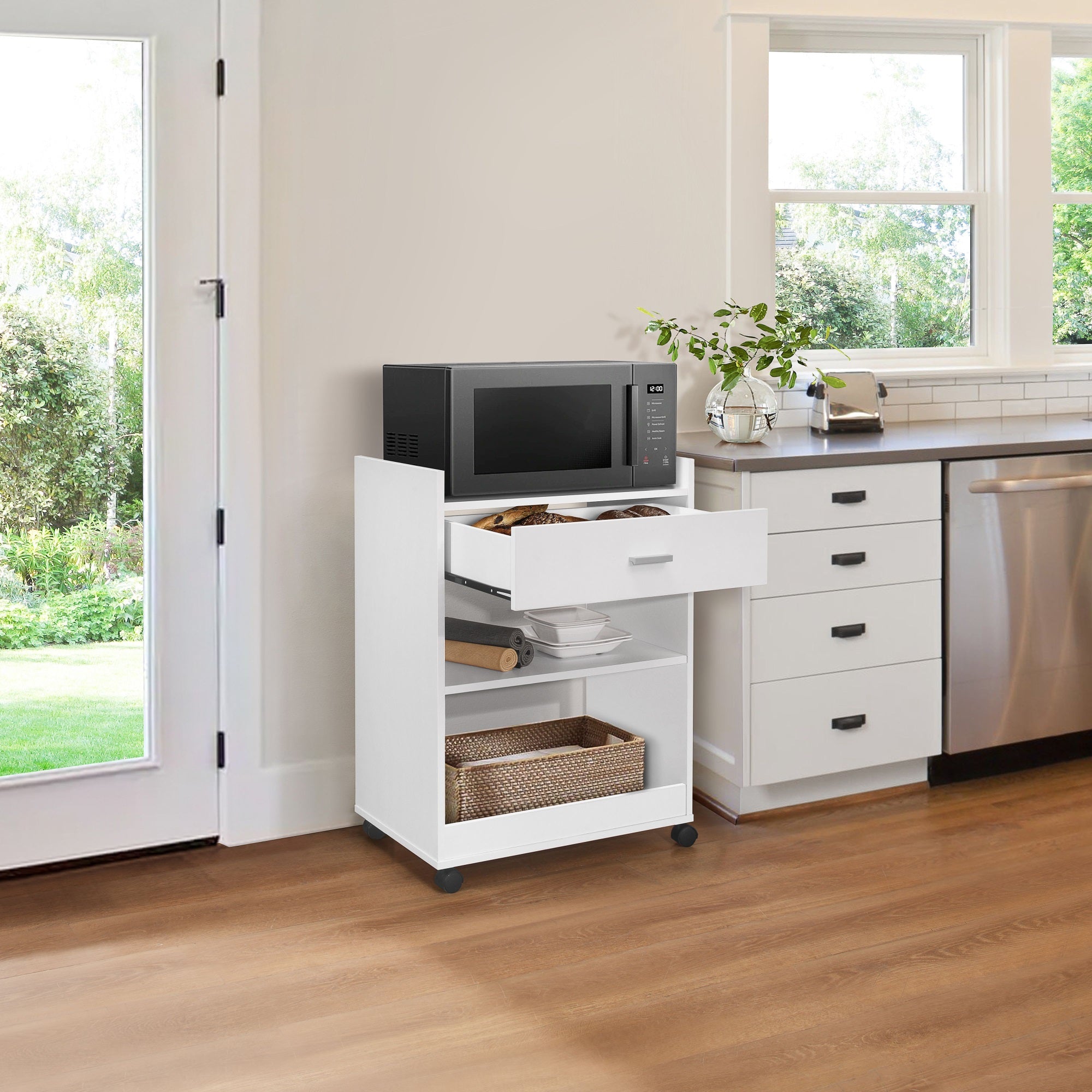 Centennial Wheeled Kitchen Island Microwave Serving Cart With Storage, White Wood