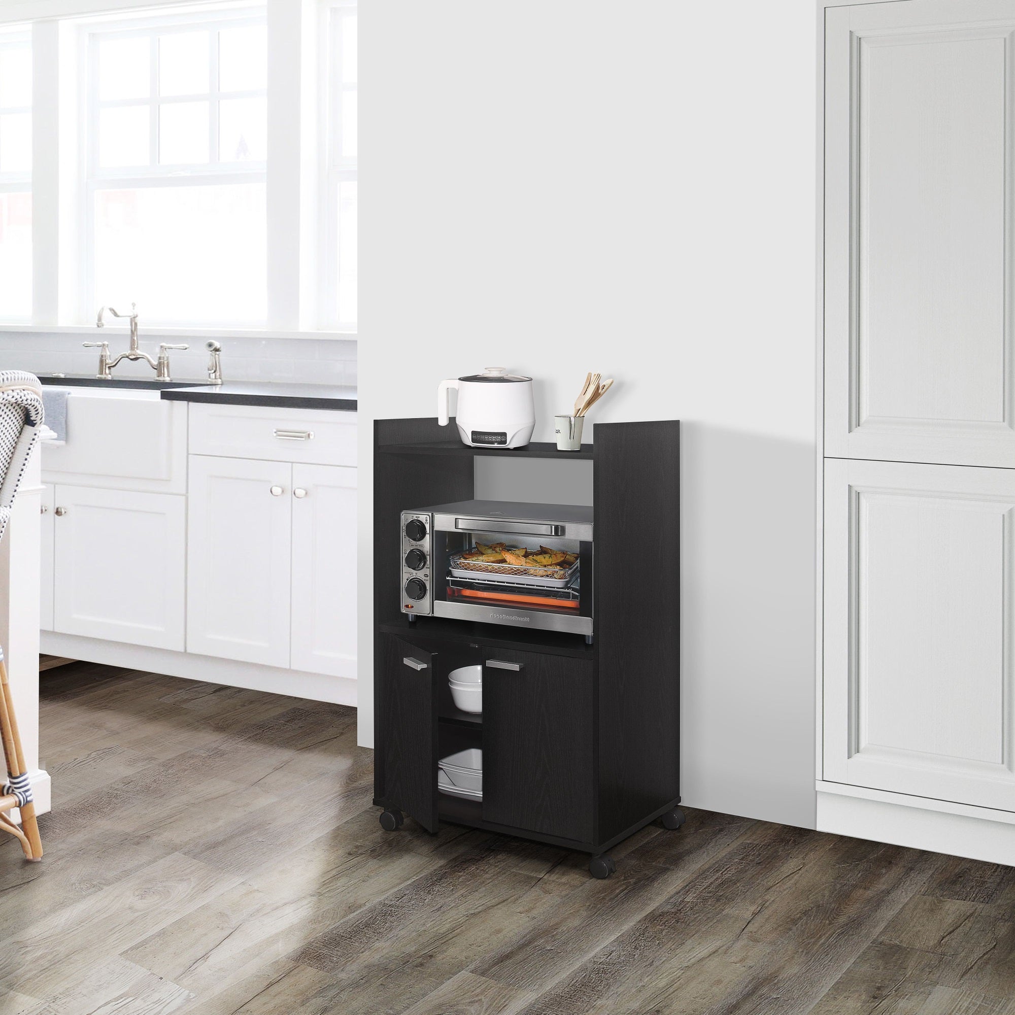 Centennial Wheeled Kitchen Island Microwave Storage Cabinet, Oak Black Wood