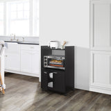 Centennial Wheeled Kitchen Island Microwave Storage Cabinet, Oak Black Wood