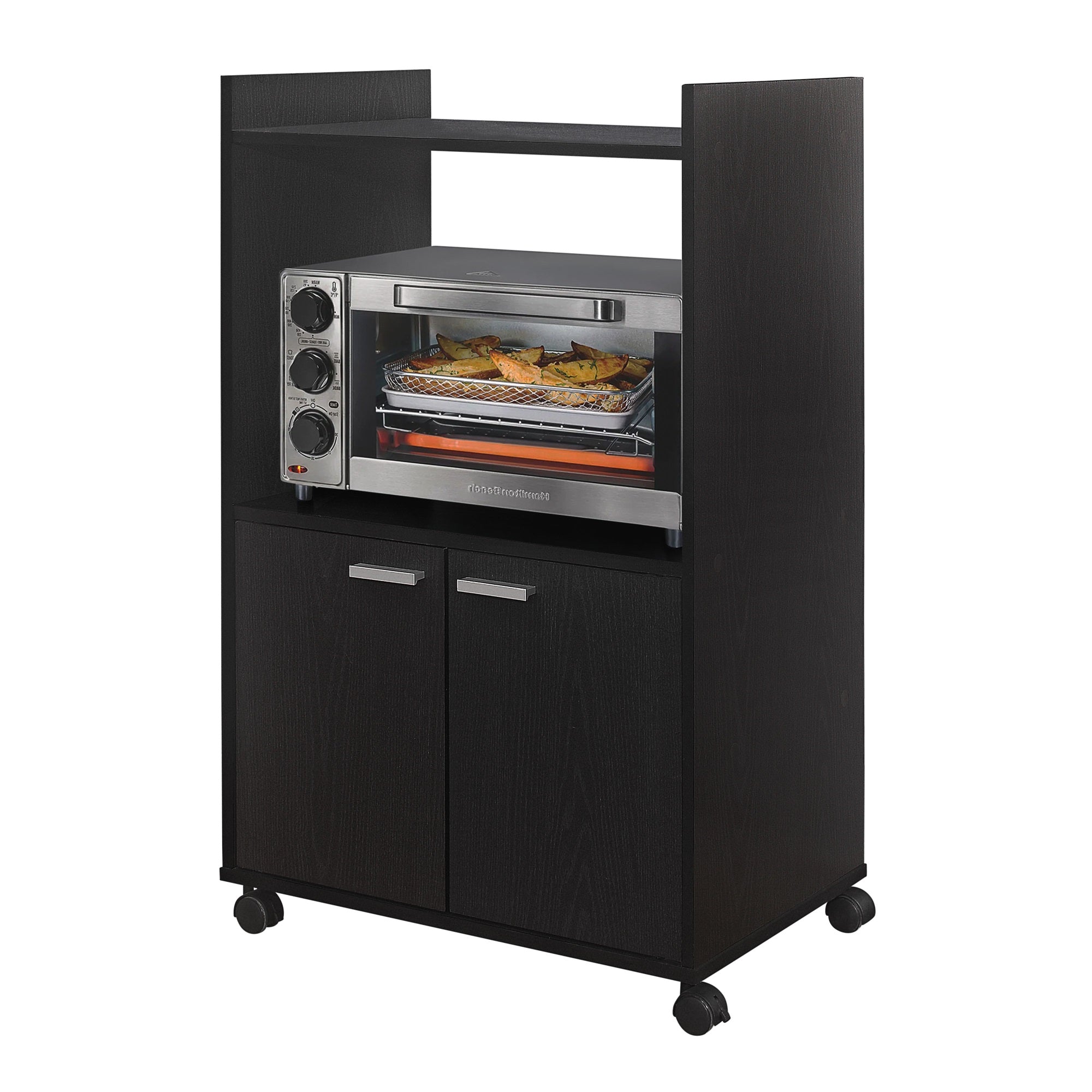 Centennial Wheeled Kitchen Island Microwave Storage Cabinet, Oak Black Wood