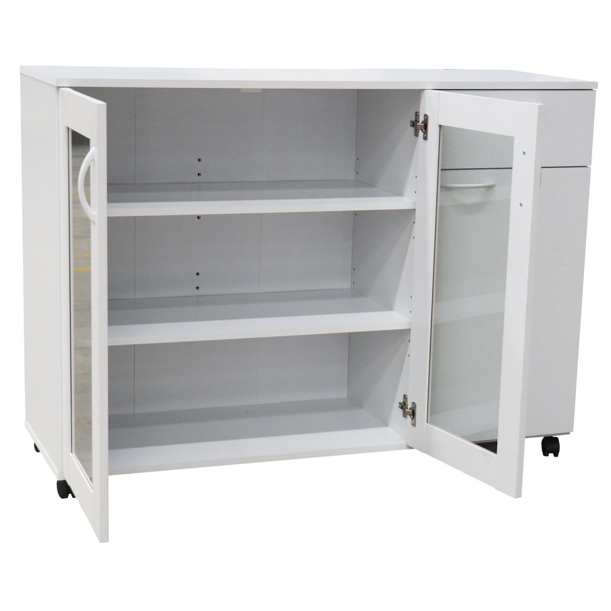 Gremlin Wheeled Kitchen Storage Sideboard Buffet Cabinet With Adjustable Shelves & Drawer, White Wood & Glass, Contemporary