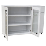 Gremlin Wheeled Kitchen Storage Sideboard Buffet Cabinet With Adjustable Shelves & Drawer, White Wood & Glass, Contemporary