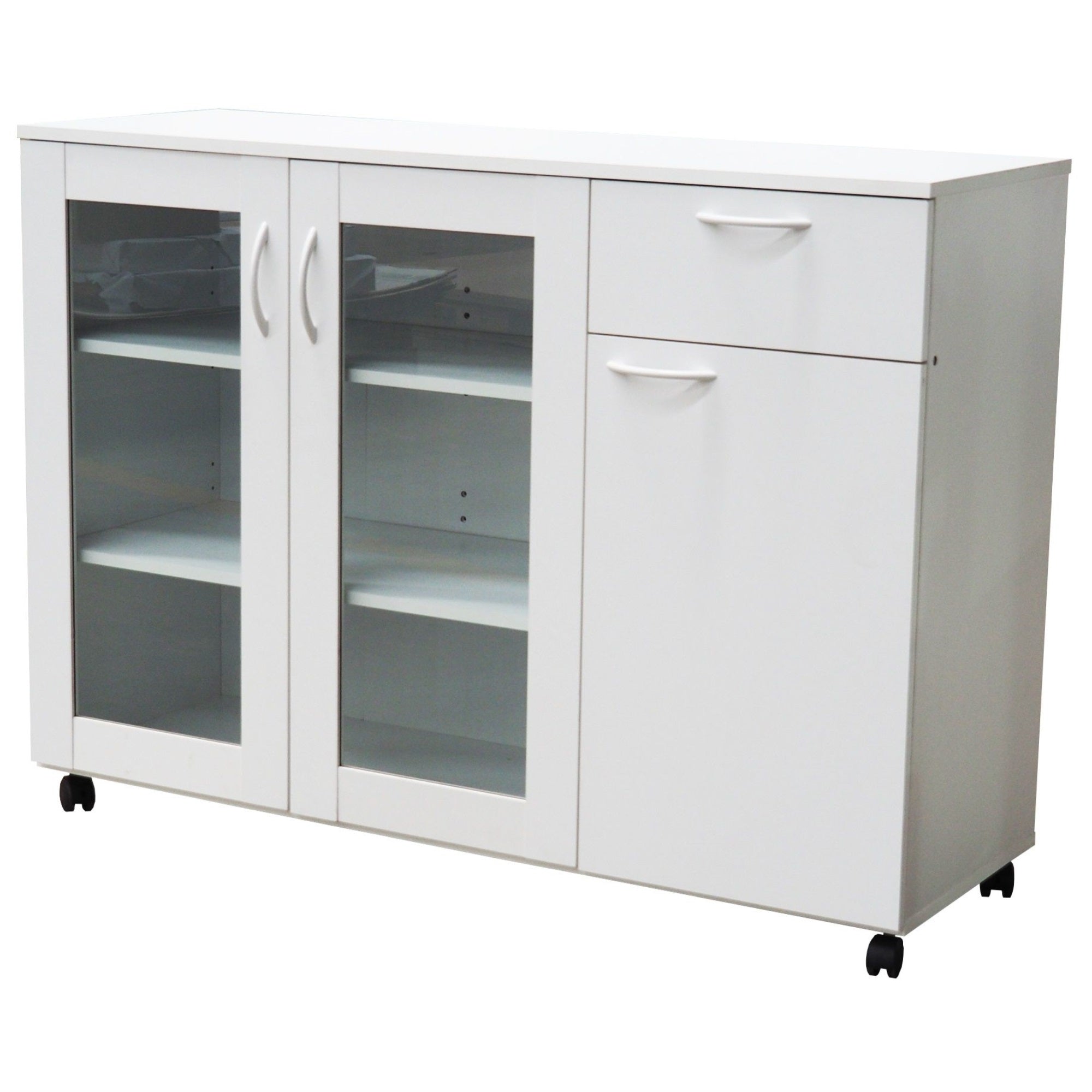 Gremlin Wheeled Kitchen Storage Sideboard Buffet Cabinet With Adjustable Shelves & Drawer, White Wood & Glass, Contemporary