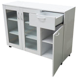 Gremlin Wheeled Kitchen Storage Sideboard Buffet Cabinet With Adjustable Shelves & Drawer, White Wood & Glass, Contemporary