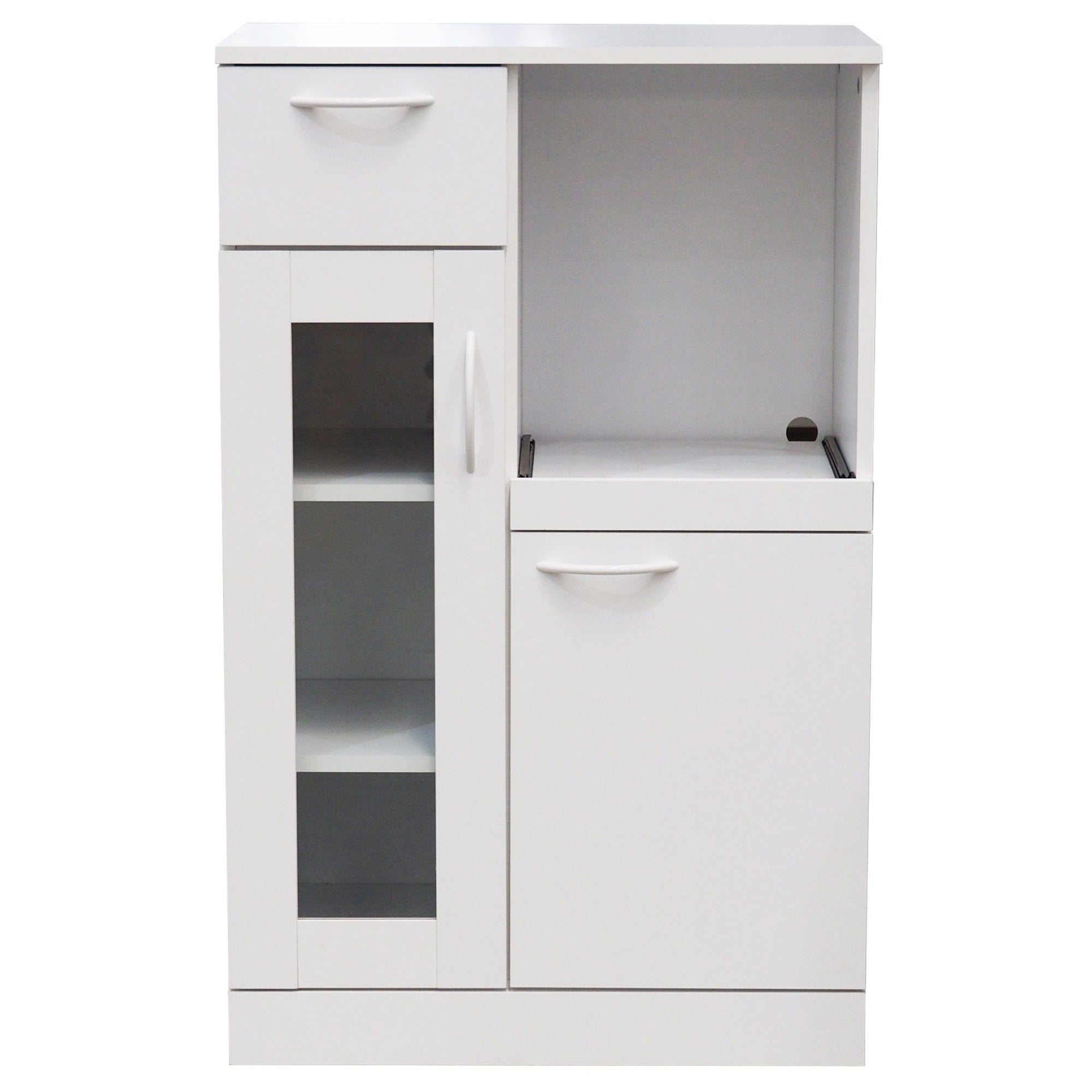 Gremlin Kitchen Storage Pantry Cabinet With Adjustable Shelves, Drawer & Pull-Out Shelf, White Wood & Glass, Contemporary