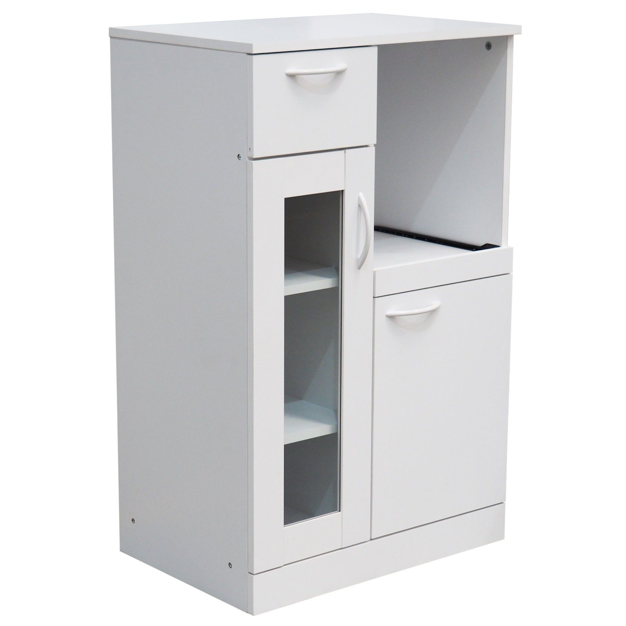 Gremlin Kitchen Storage Pantry Cabinet With Adjustable Shelves, Drawer & Pull-Out Shelf, White Wood & Glass, Contemporary