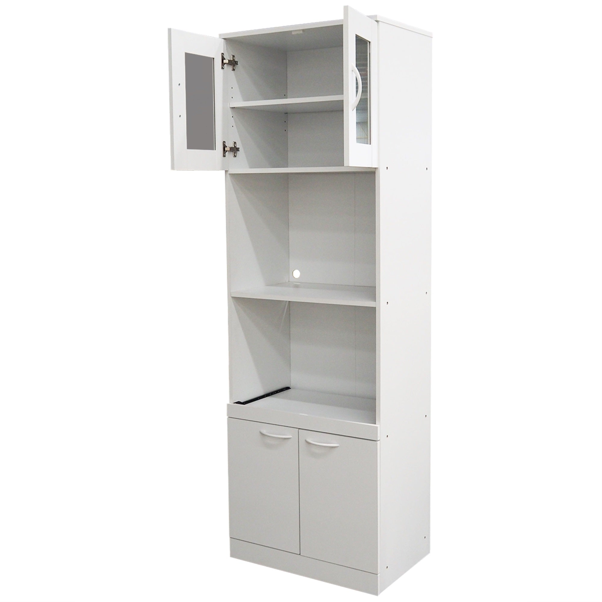 Gremlin Kitchen Storage Pantry Microwave Cabinet With Adjustable Shelves & Pull-Out Shelf, White Wood & Glass, Contemporary